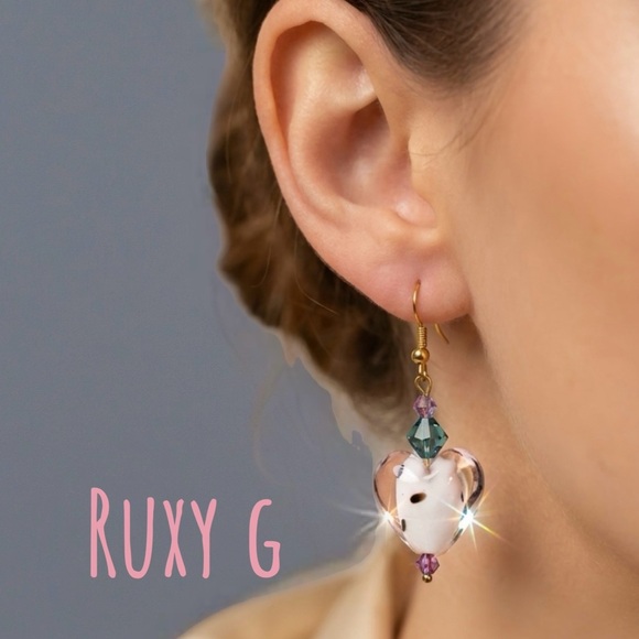 Made by RuxyG Jewelry - Handmade Heart Earrings with Pink , Gray and Gold Accents w/ Swarovski crystals